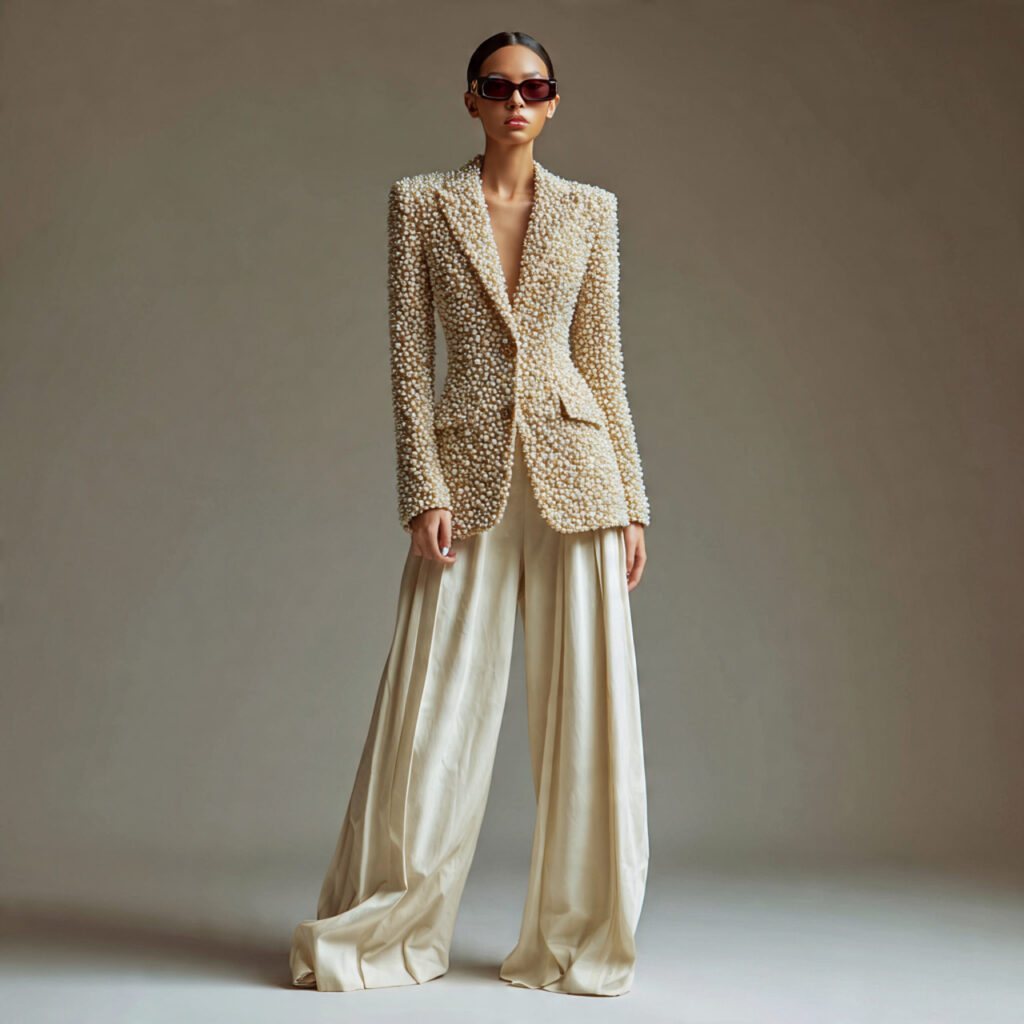 Pearl Encrusted Blazer and Wide Leg Trousers