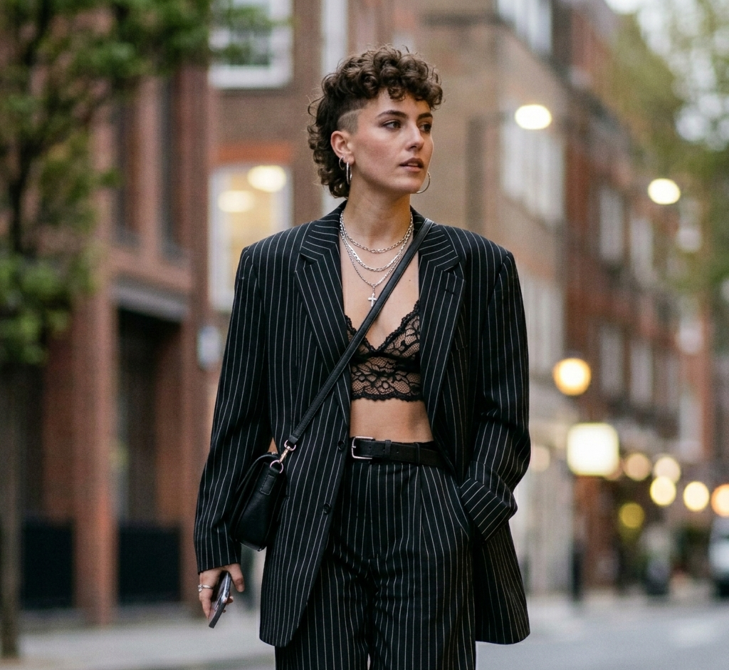 Pinstripe Oversized Suit with Lace Bralette