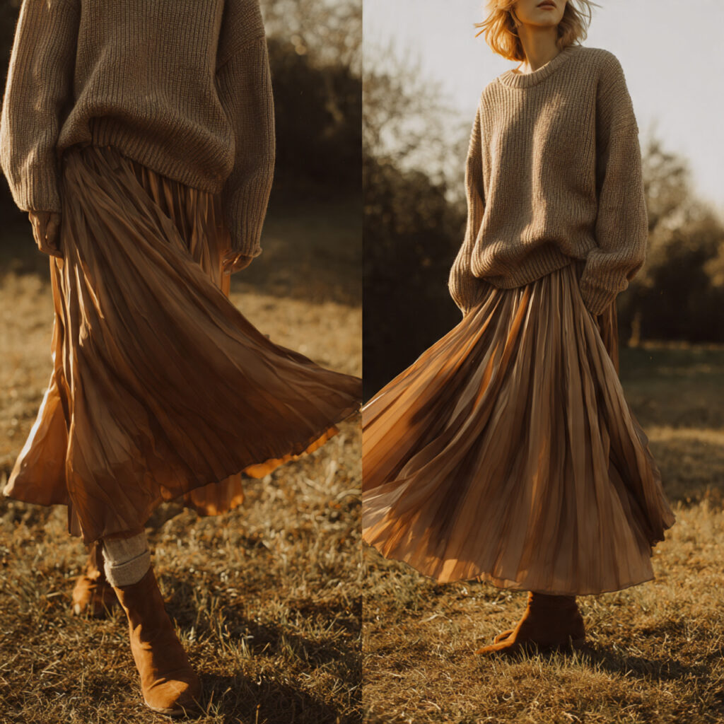 Pleated Maxi Skirt and Oversized Knitwear