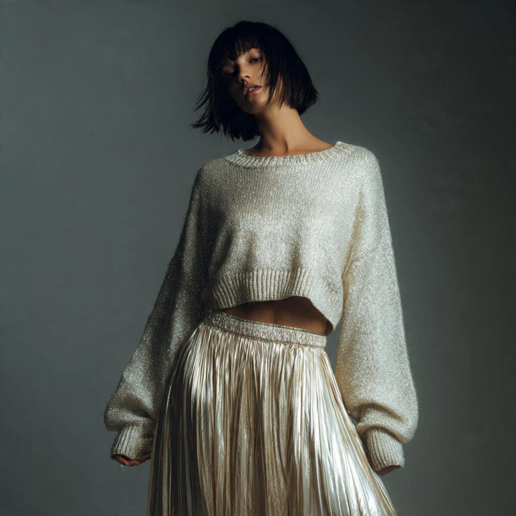 Pleated Metallic Skirt with Cropped Knitwear