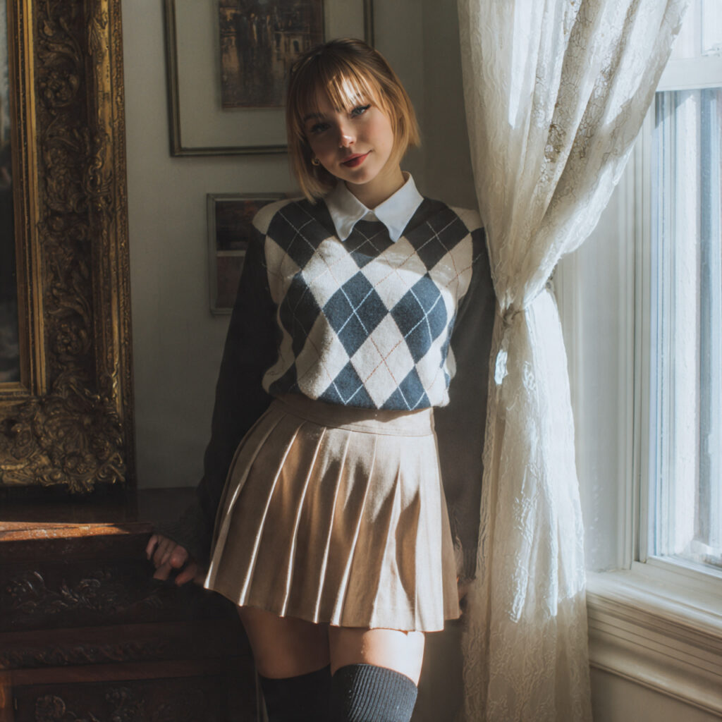 Preppy Argyle Sweater and Pleated Mini Skirt