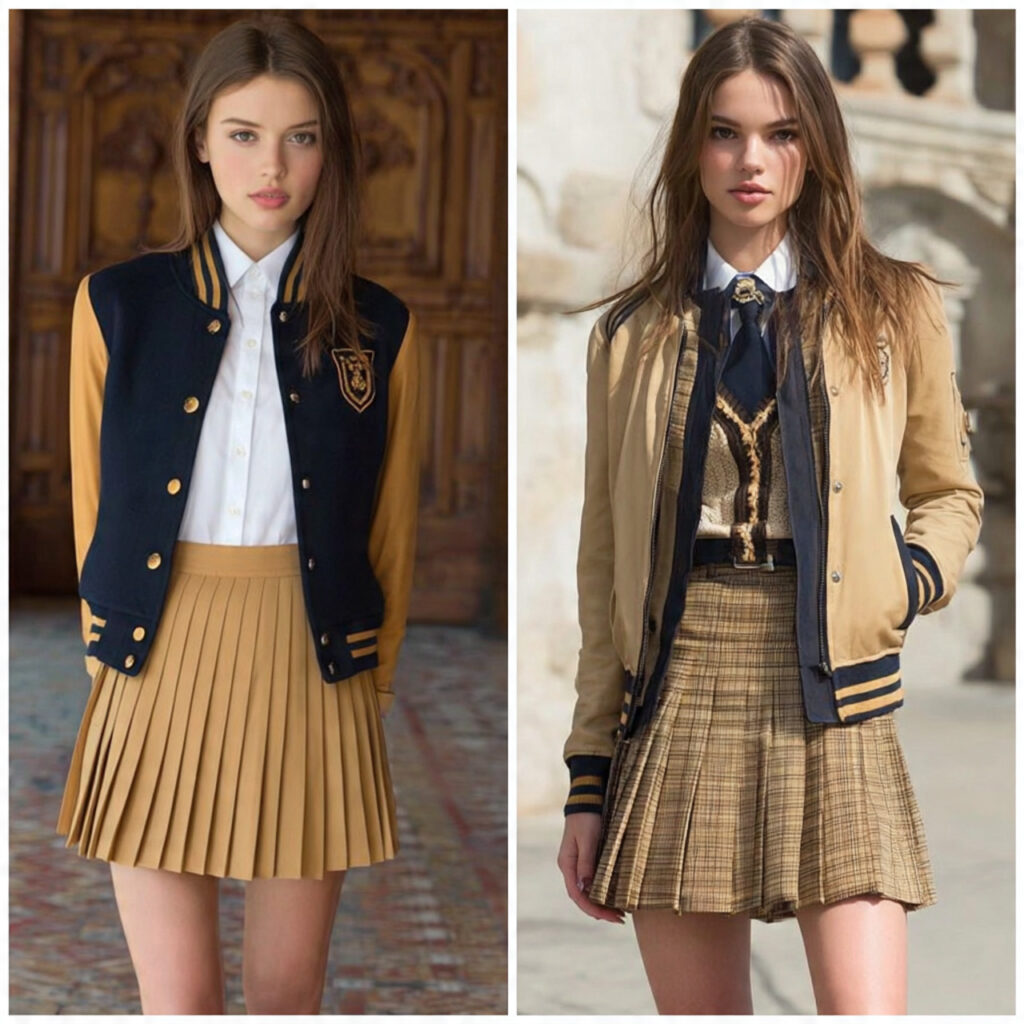 Preppy Pleated Skirts with Varsity Jackets