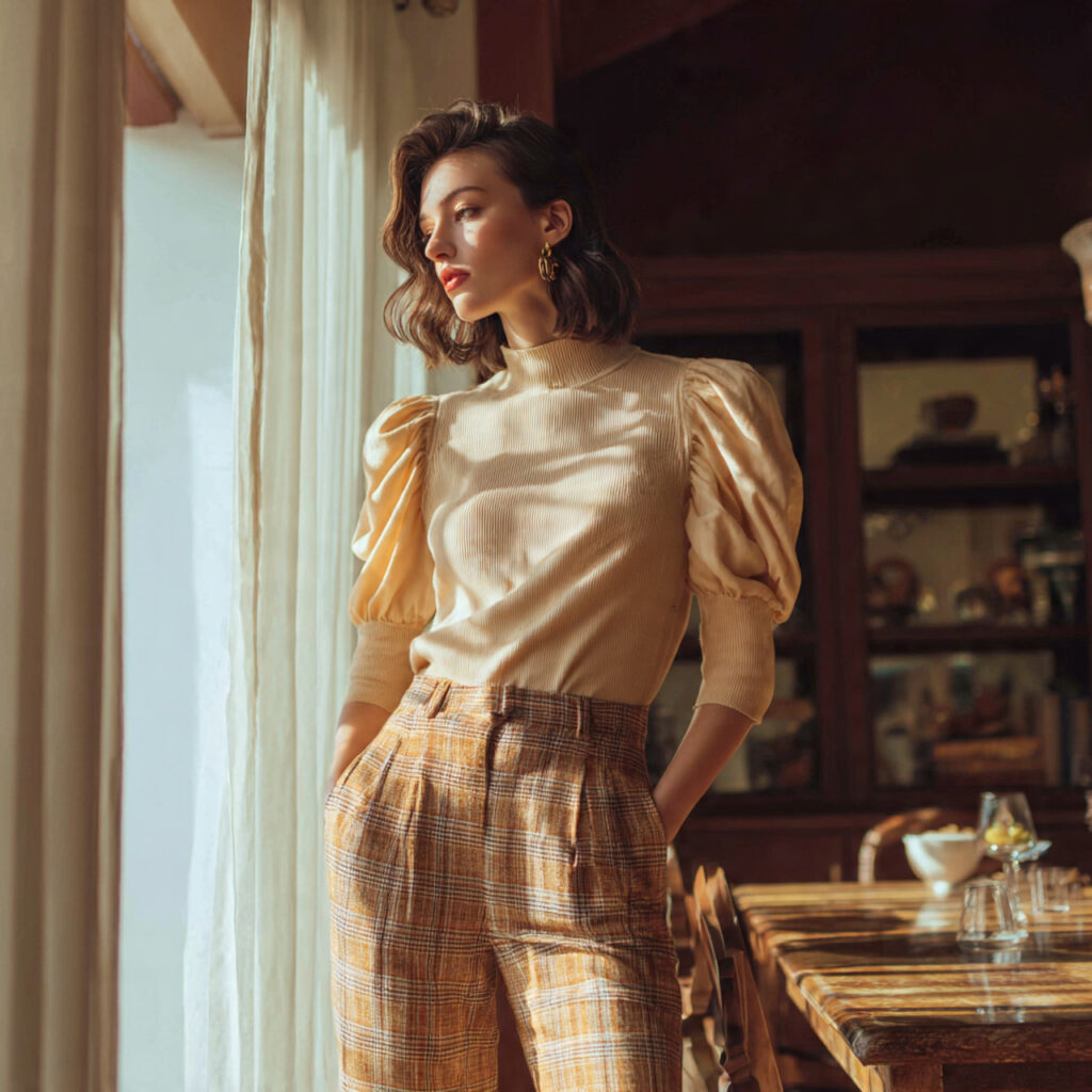 Puff Sleeve Knit Top and Plaid Trousers