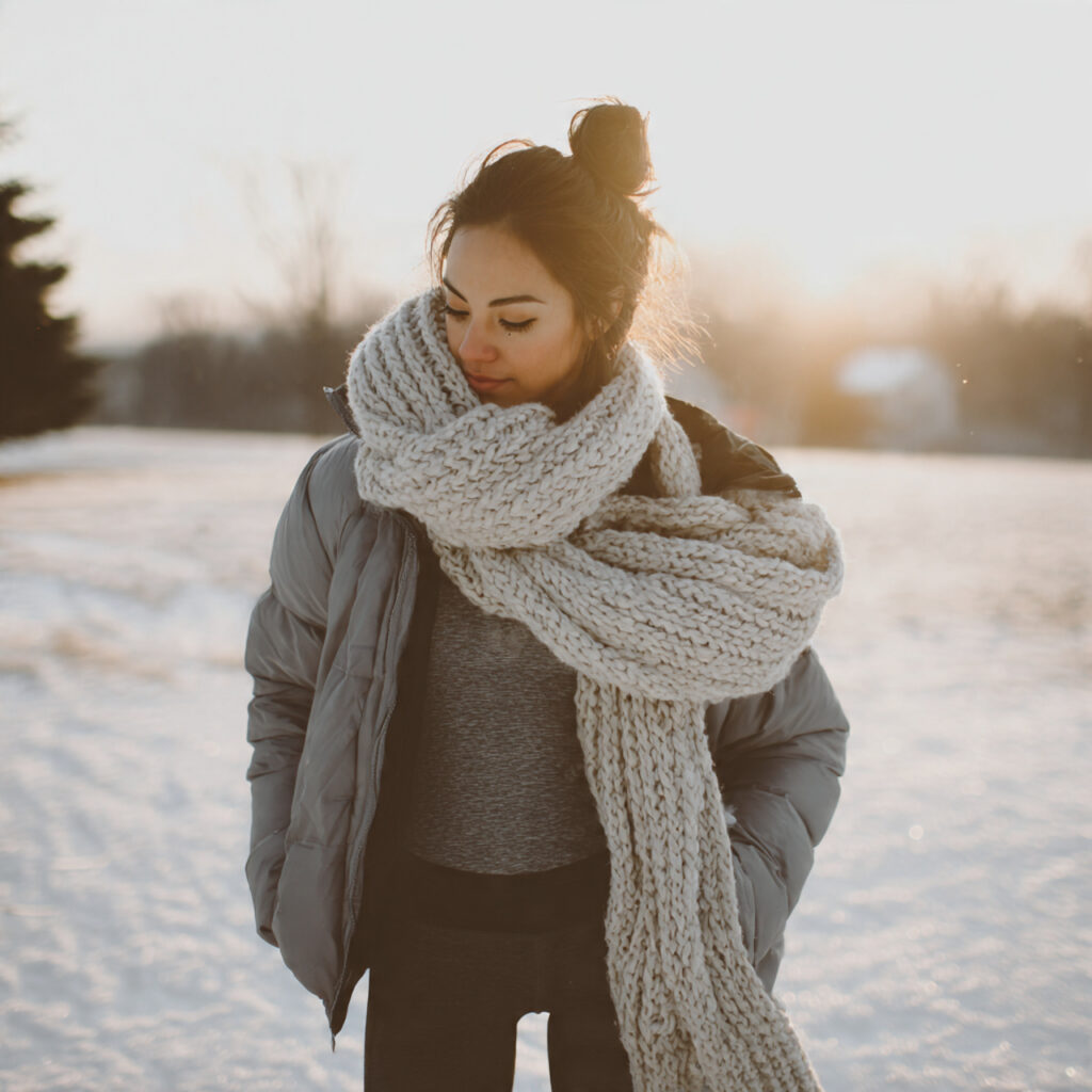 Puffer Jacket and Chunky Knit Scarf Ensemble