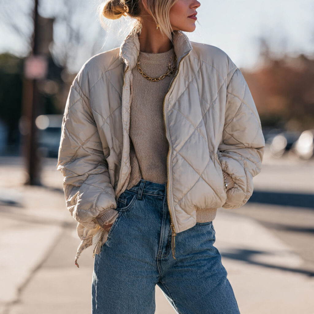 Quilted Puffer Jacket and Straight Leg Denim