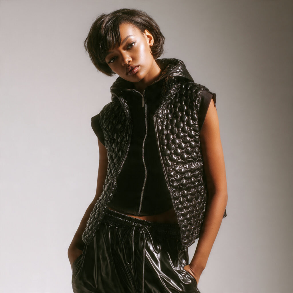 Quilted Puffer Vest and Sleek Catsuit