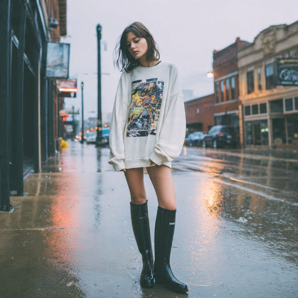 Rain Boots and Oversized Graphic Pullover