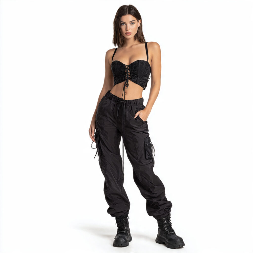 Reflective Cargo Pants and Cropped Corset Top