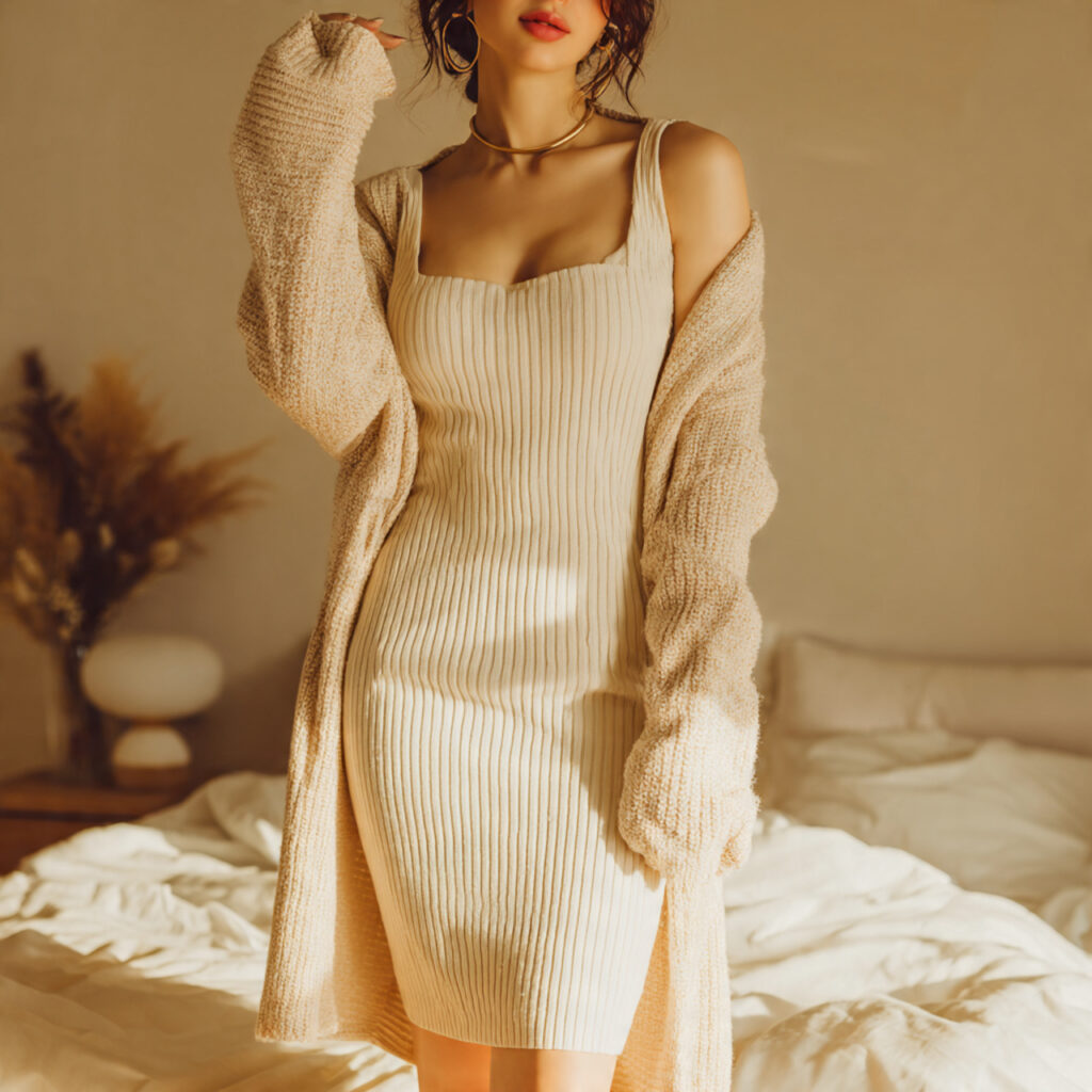 Ribbed Knit Bodycon Dress with Long Cardigan