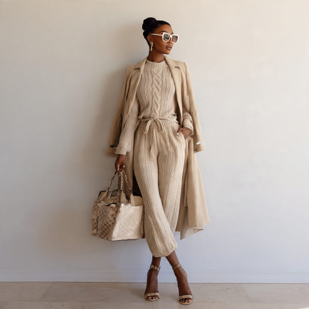 Ribbed Knit Lounge Set with Structured Trench