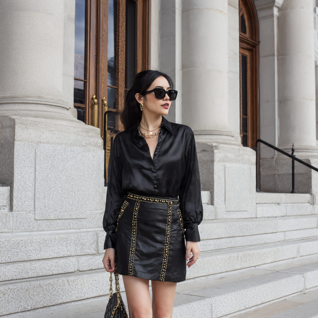 Satin Button Down and Embellished Mini Skirt