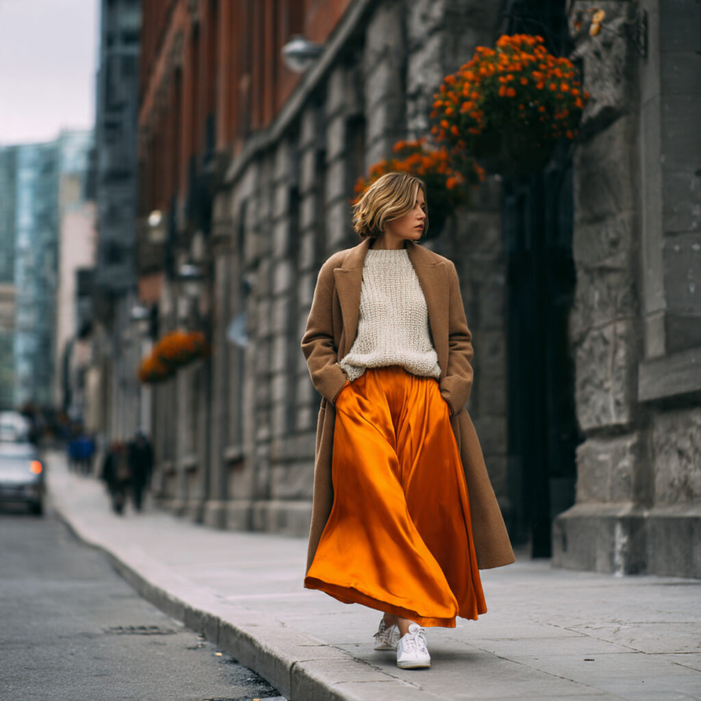 Satin Midi Skirt Contrast