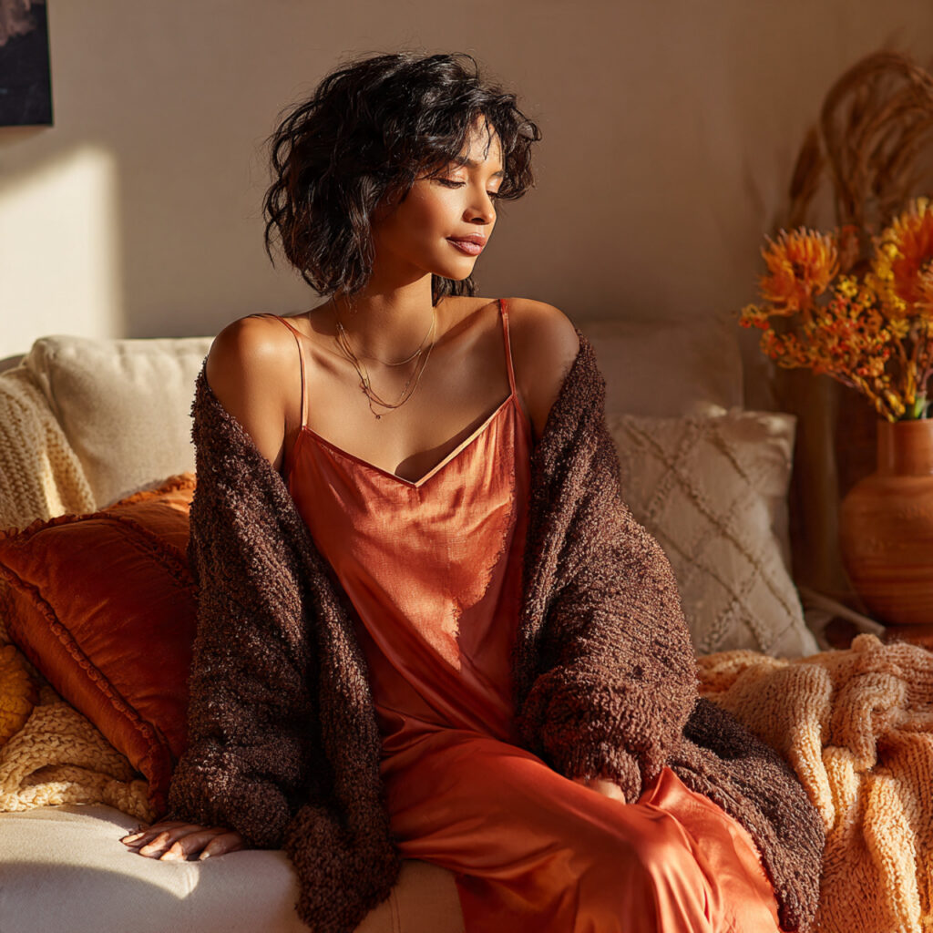 Satin Slip Dress and Oversized Shag Cardigan