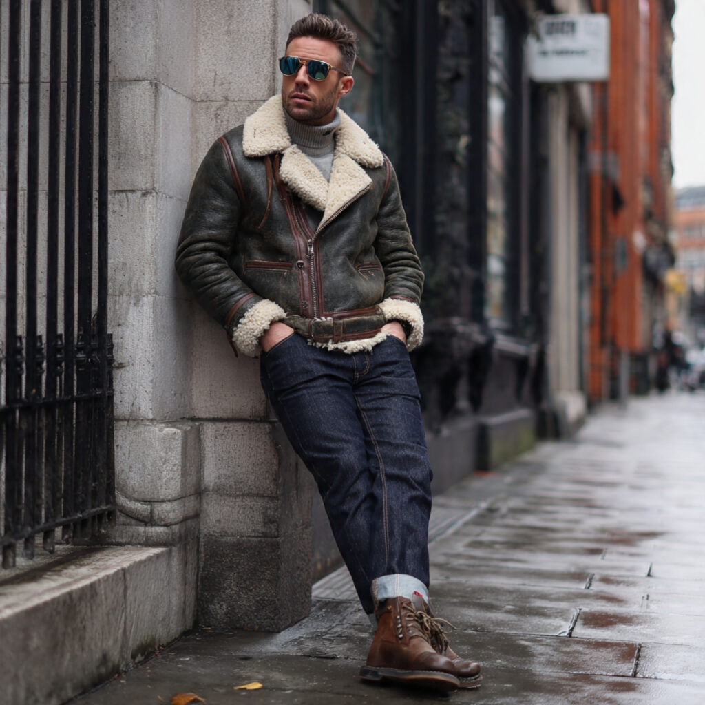 Shearling Trimmed Aviator Jacket and Straight Jeans