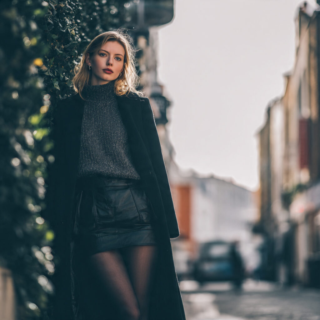 Sheer Black Tights with Leather Shorts