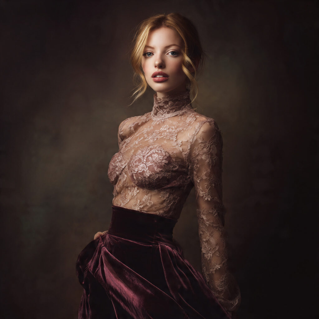 Sheer Lace Blouse and High Waisted Velvet Skirt