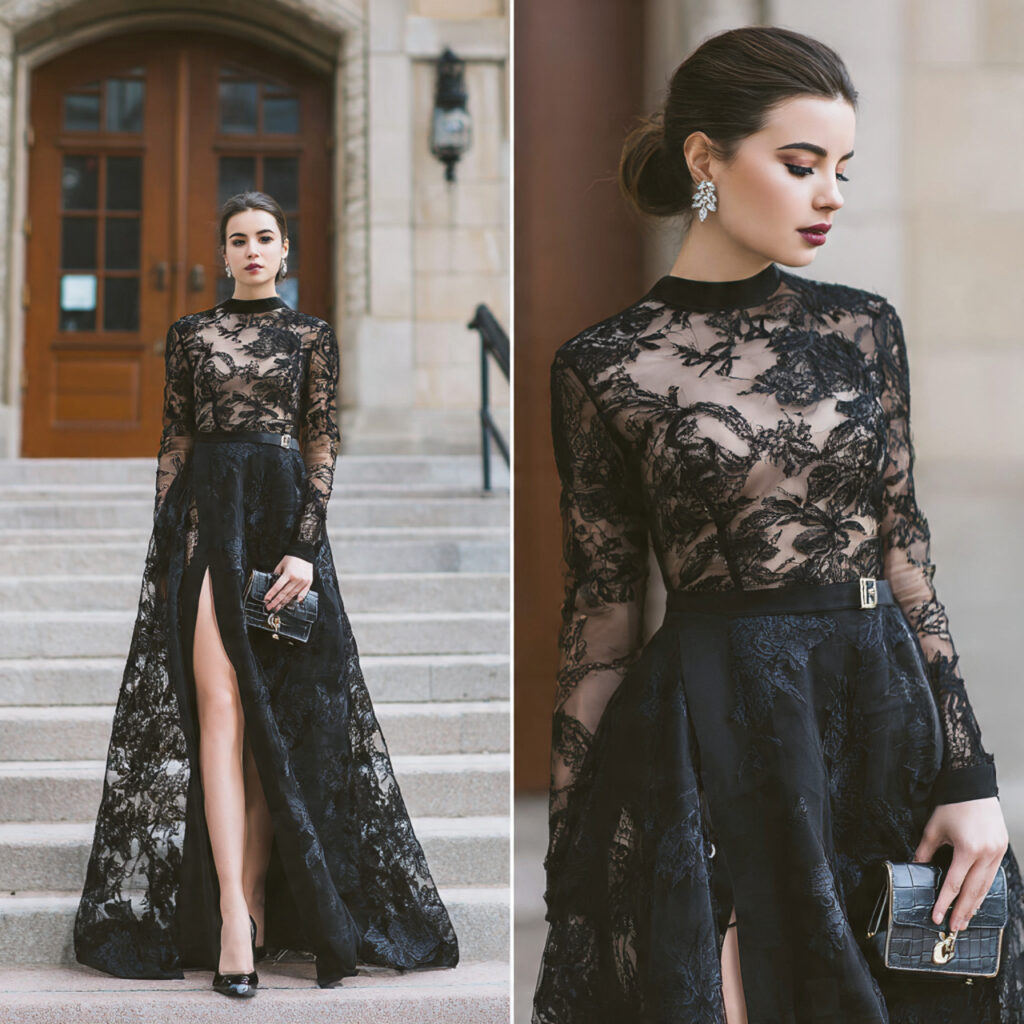Sheer Lace Overlay Formal Wear