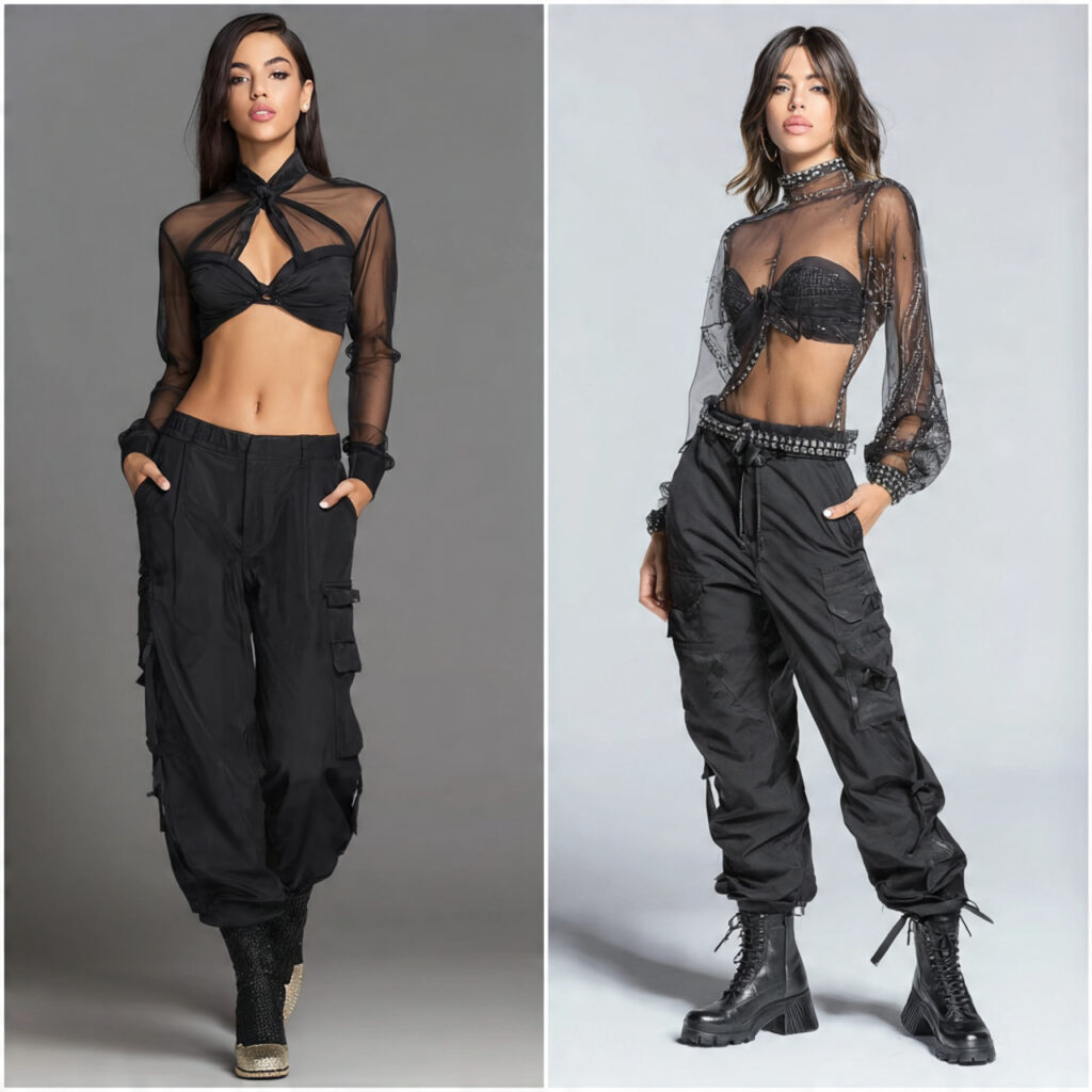 Sheer Mesh Tops and Cargo Pants