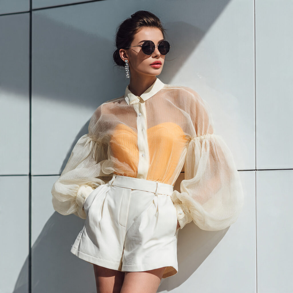 Sheer Organza Blouse and Tailored Shorts