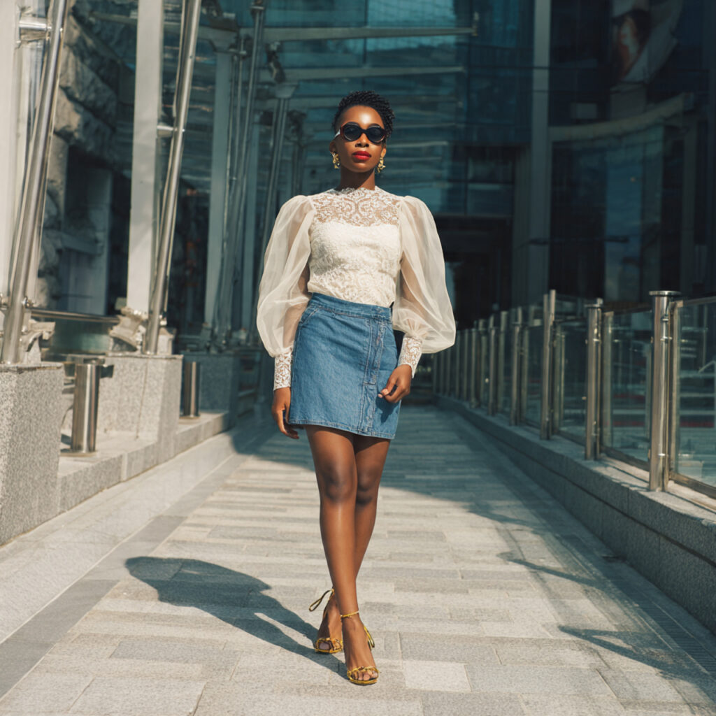 Sheer Organza Puff Sleeve Top and Denim Skirts