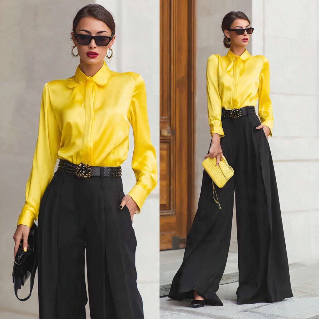 Silk Blouse and Wide Leg Trousers Idea