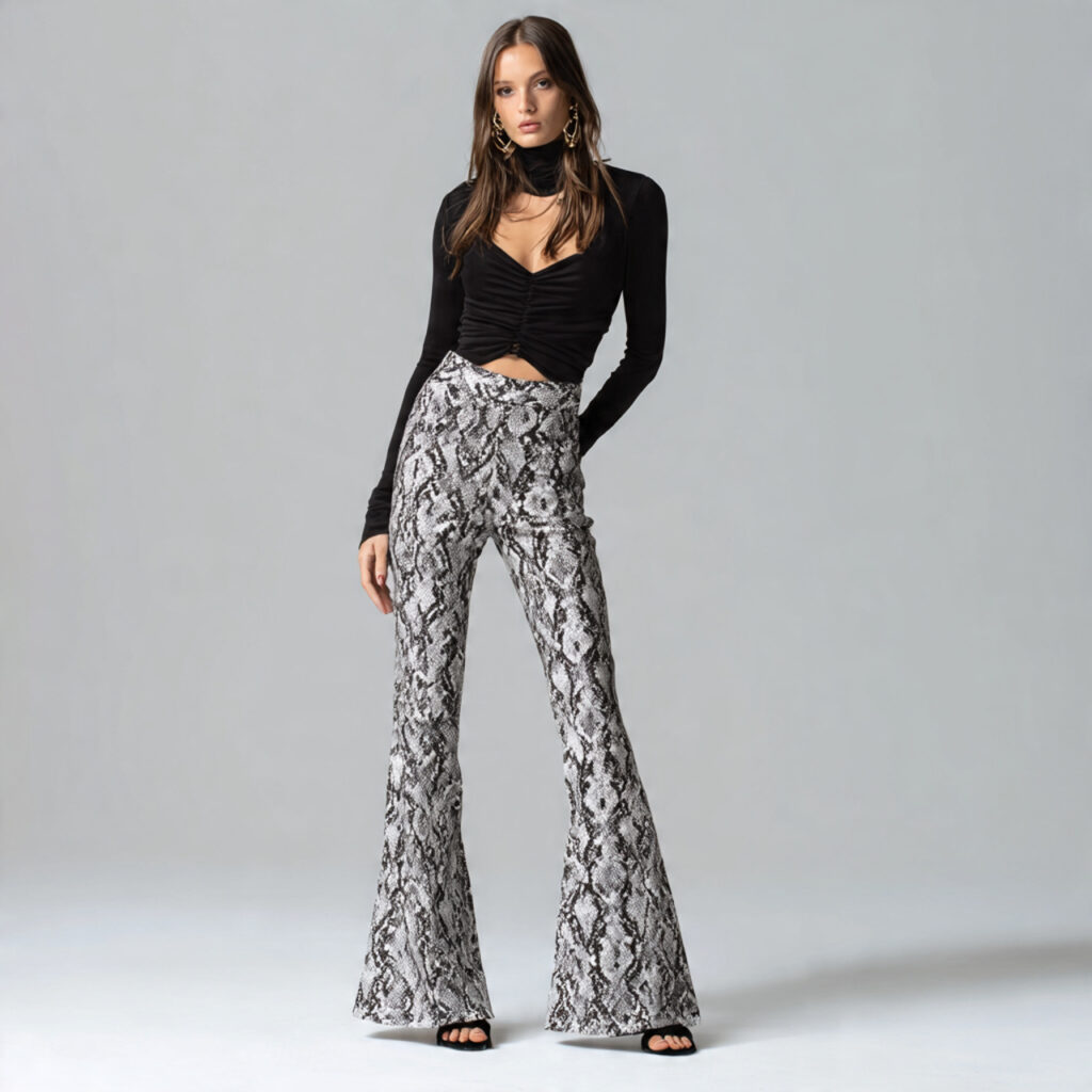 Snakeskin Print Flared Trousers
