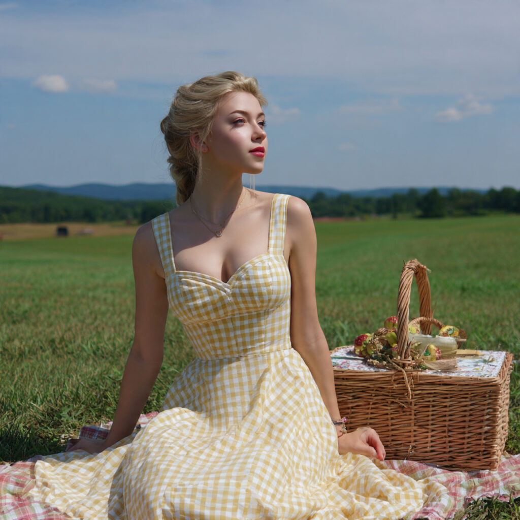 Soft Gingham Sundress with Straw Picnic Basket