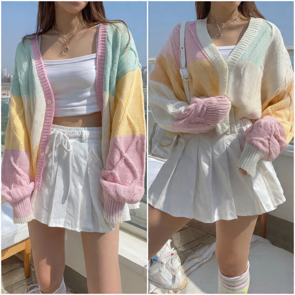 Soft Girl Pastel Cardigan and White Tennis Skirt