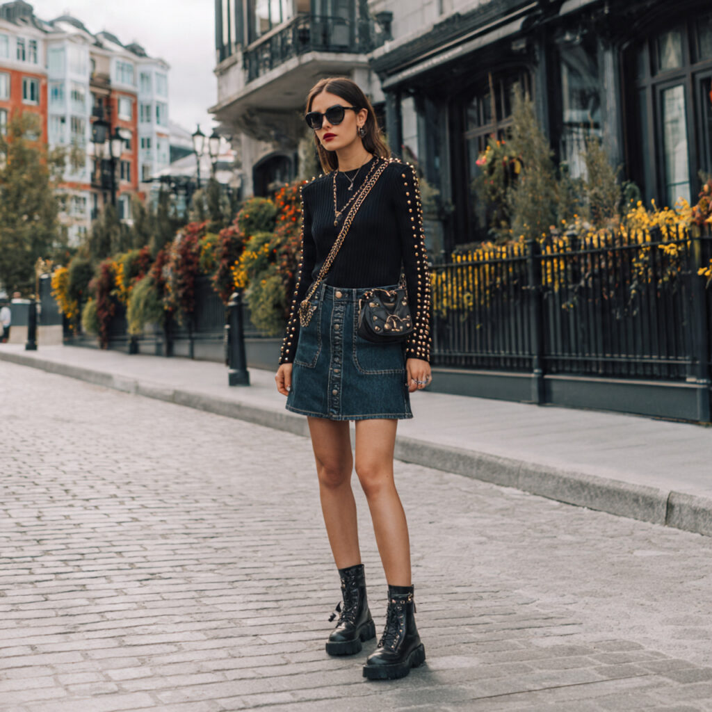 Studded Accessories and Denim Skirts