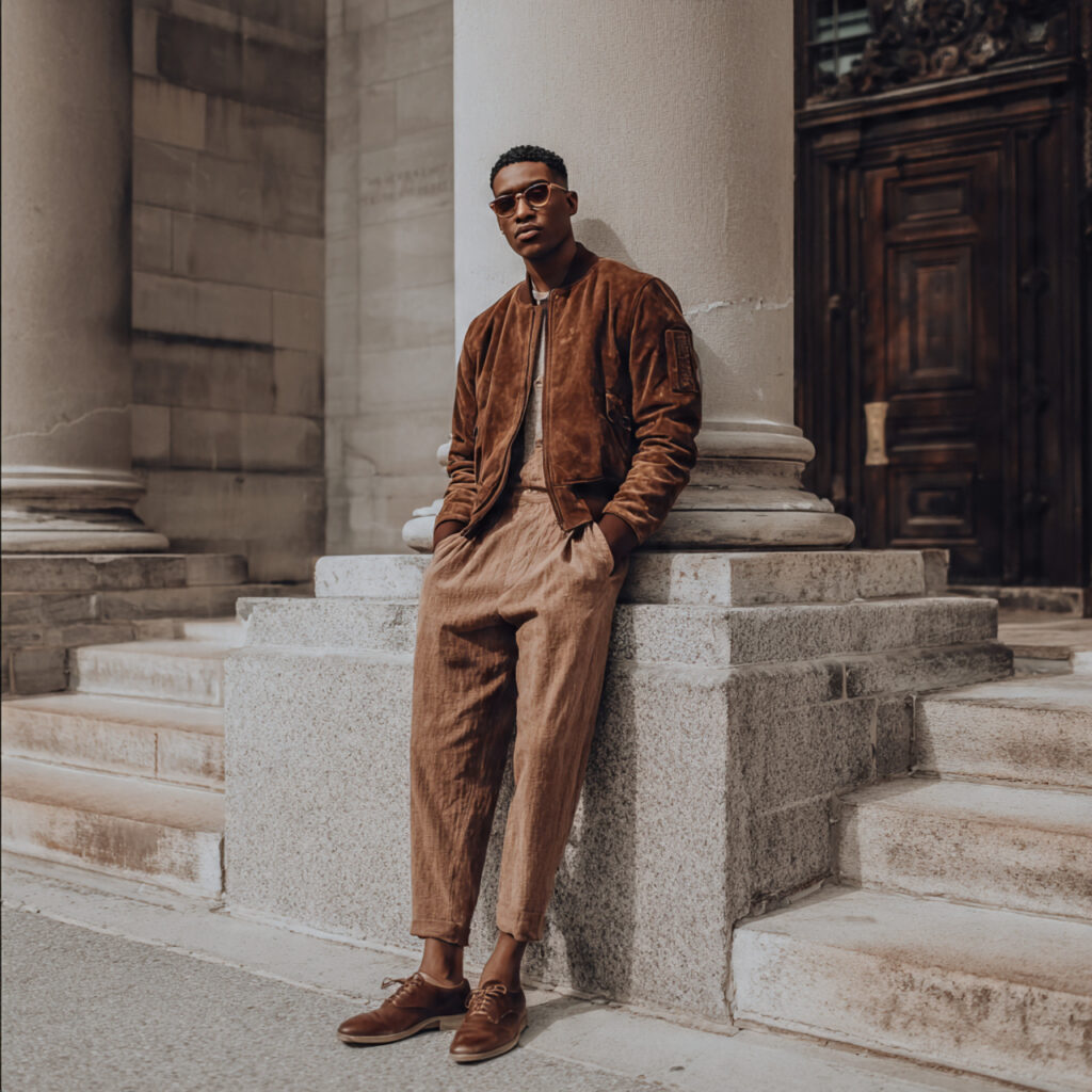 Suede Bomber and Tapered Slacks Idea