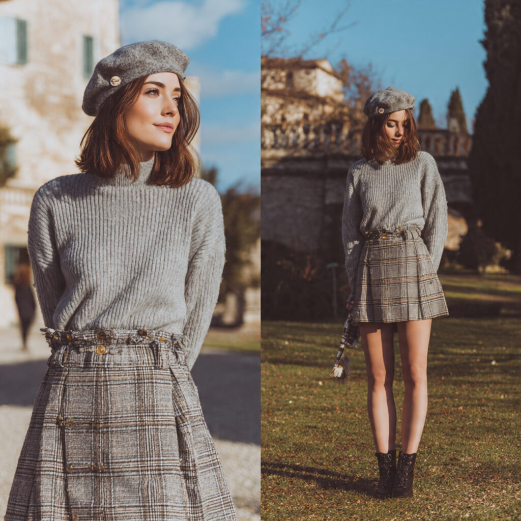 Tartan Print Skirt and Beret Accents
