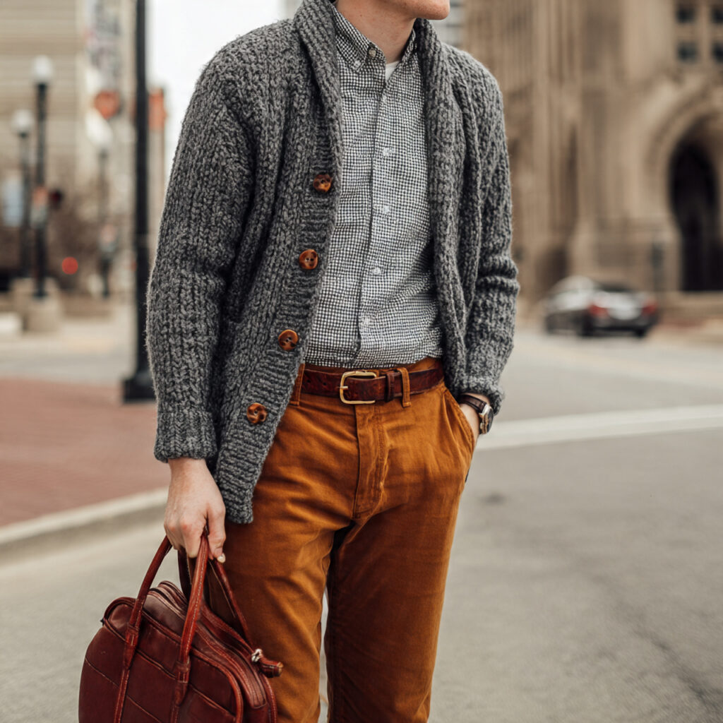 Textured Cardigan and Chino Pants Idea