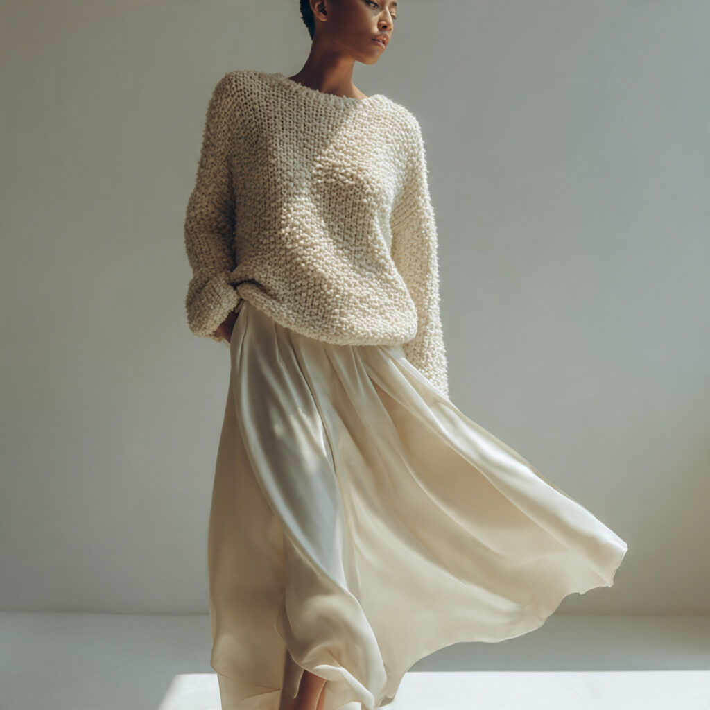 Textured Cream Sweater and Satin Skirt