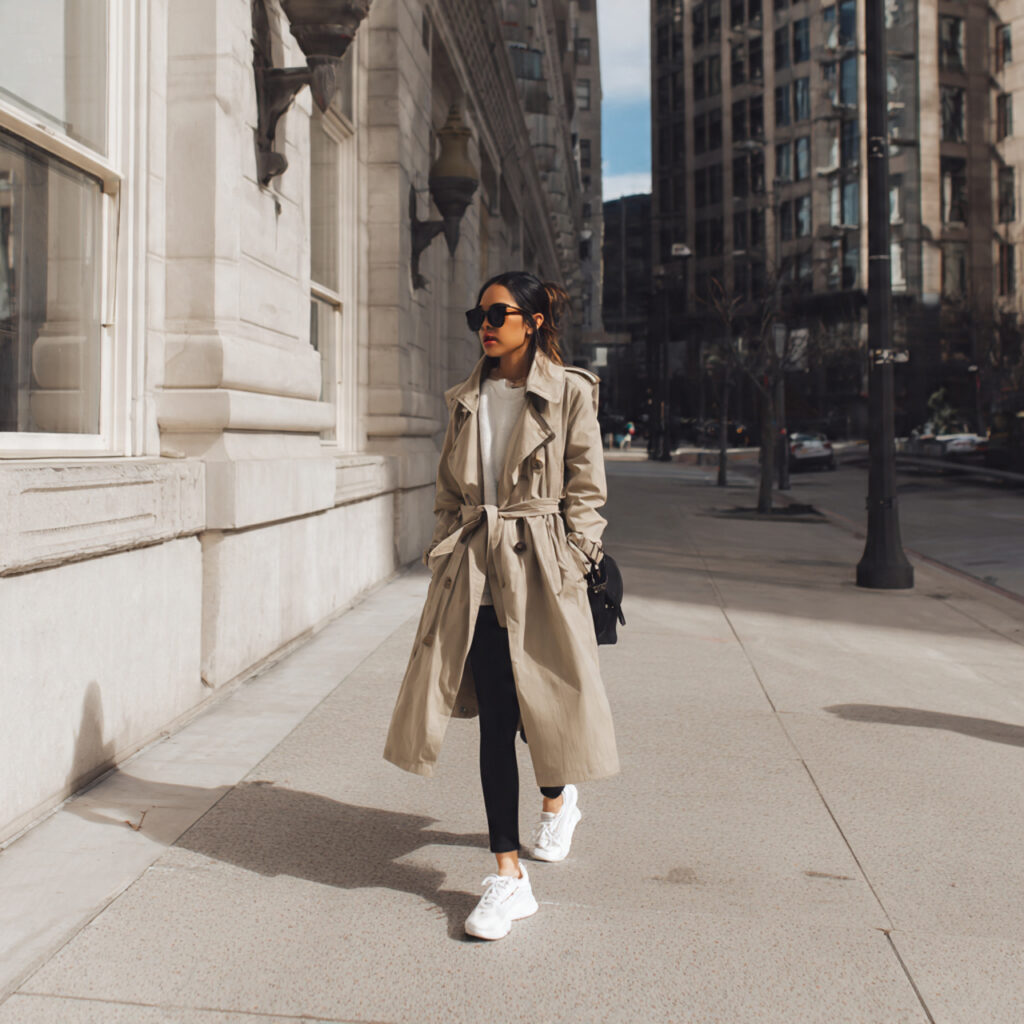 Trench Coat and White Sneakers Winter Look