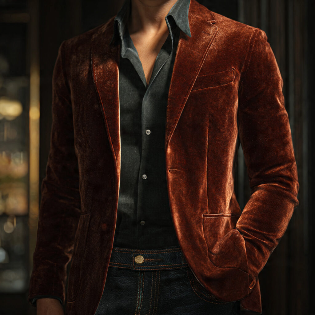 Velvet Blazer and Dark Wash Denim