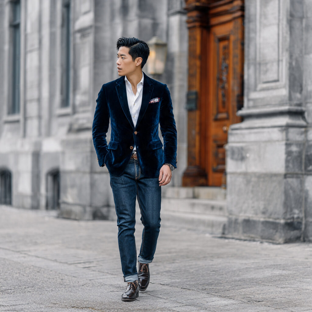 Velvet Blazer and Dark Wash Jeans Idea