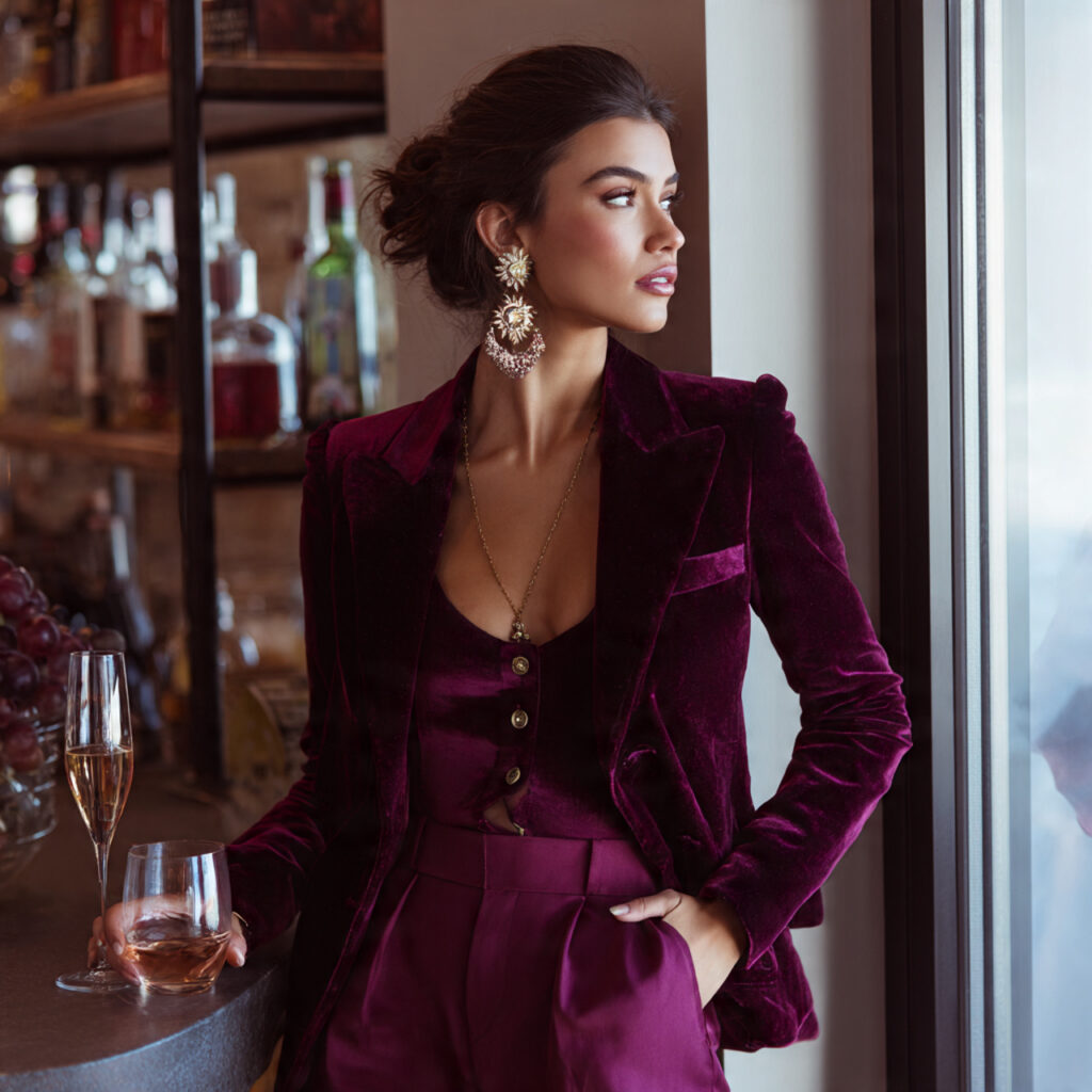 Velvet Blazer and Tailored Wide Leg Trousers