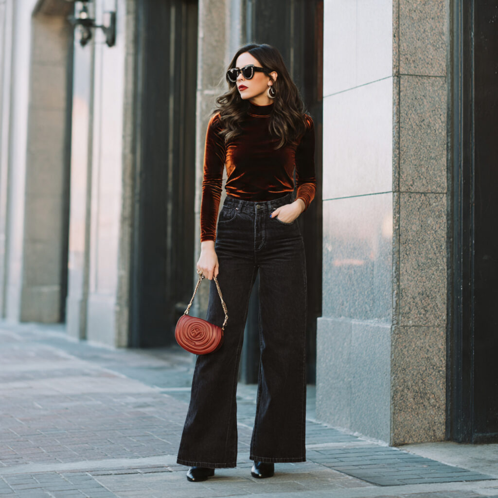 Velvet Bodysuits and Wide Leg Jeans