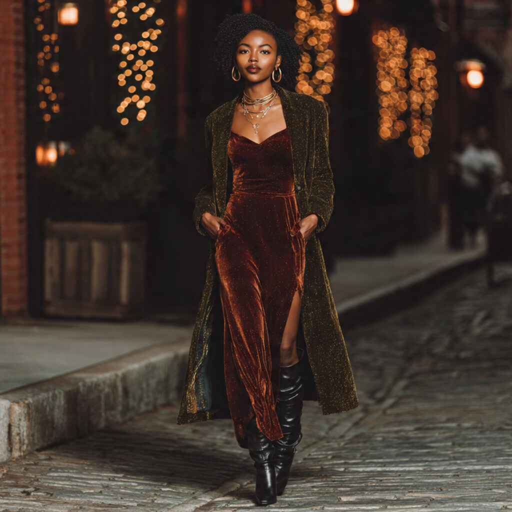 Velvet Maxi Dress with Boots