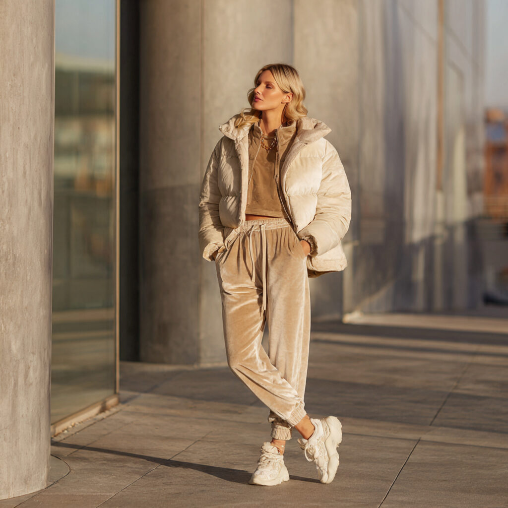 Velvet Sweatpants and Cropped Puffer Coat