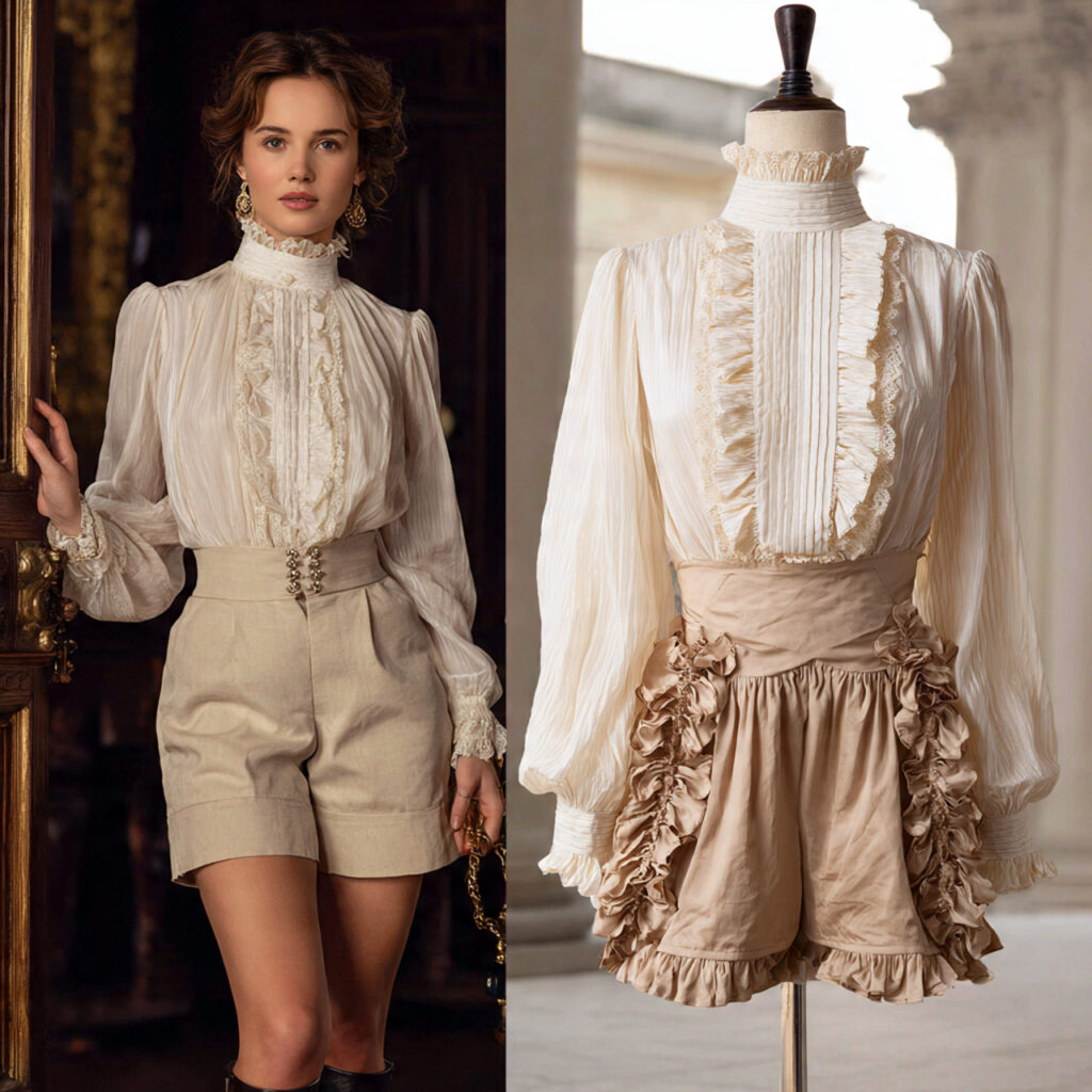 Victorian Inspired High Neck Blouse and Ruffled Shorts