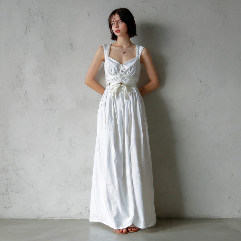 White Cotton Nightgown Style Dress with Ribbon Belts