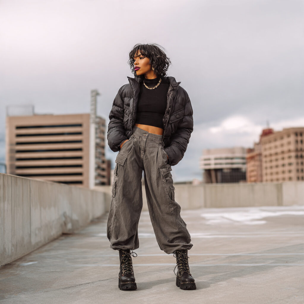 Wide Leg Cargo Pants and Cropped Puffers