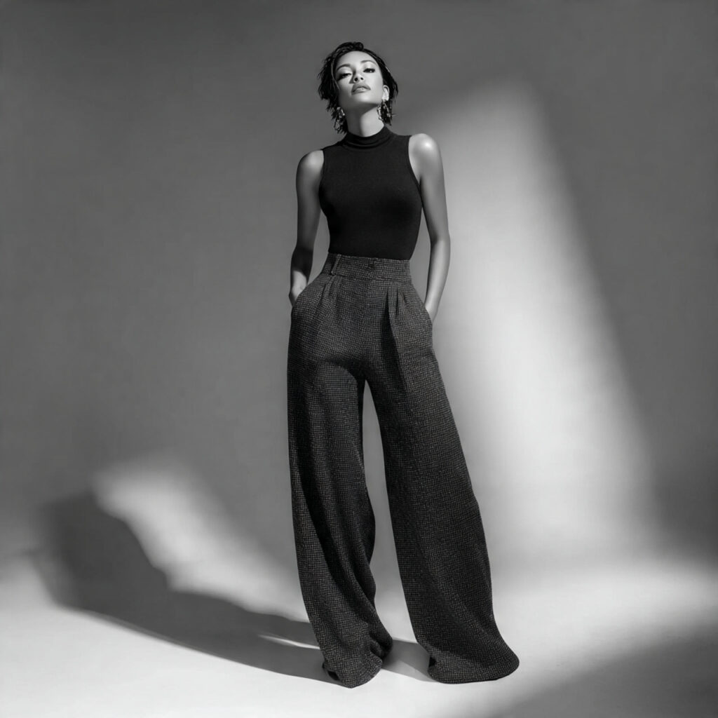 Wide Leg Wool Trousers and Fitted Bodysuit