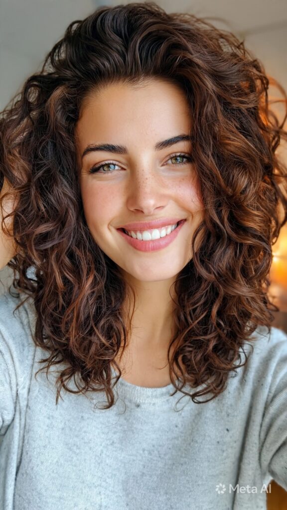 beautiful woman with layered shoulder length curls