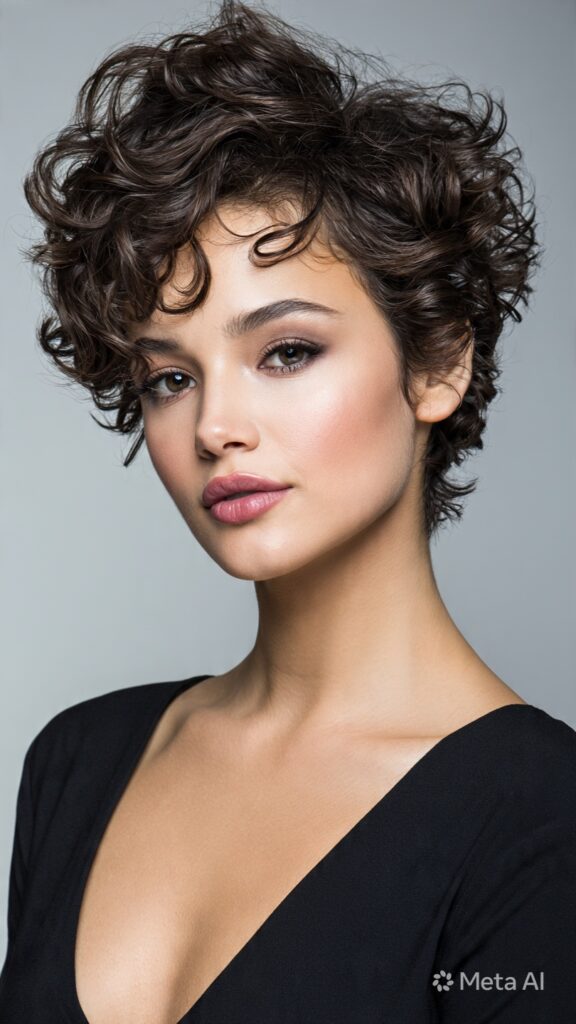 bold voluminous curly pixie cut on confident woman