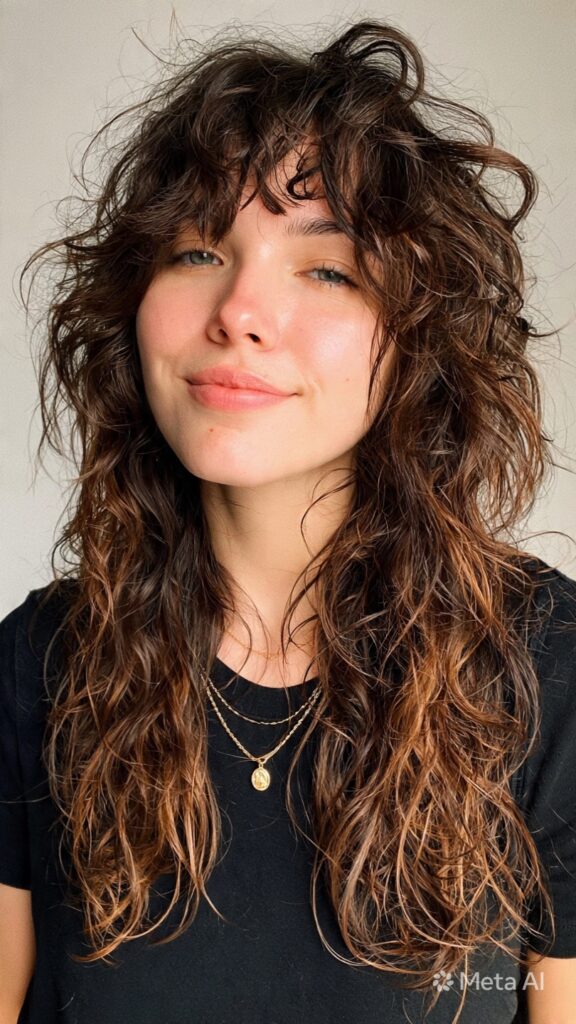 trendy curly shag haircut with messy textured curl